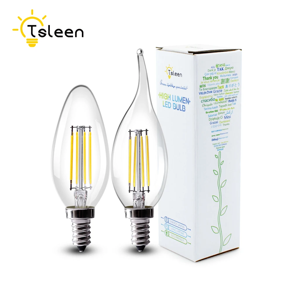 TSLEEN Светодиодная лампа C35 E12 E14 220 В 110 В 4 Вт 8 Вт COB Led светильник в форме свечи Ретро лампа Эдисона Винтажный стиль C35 360 градусов