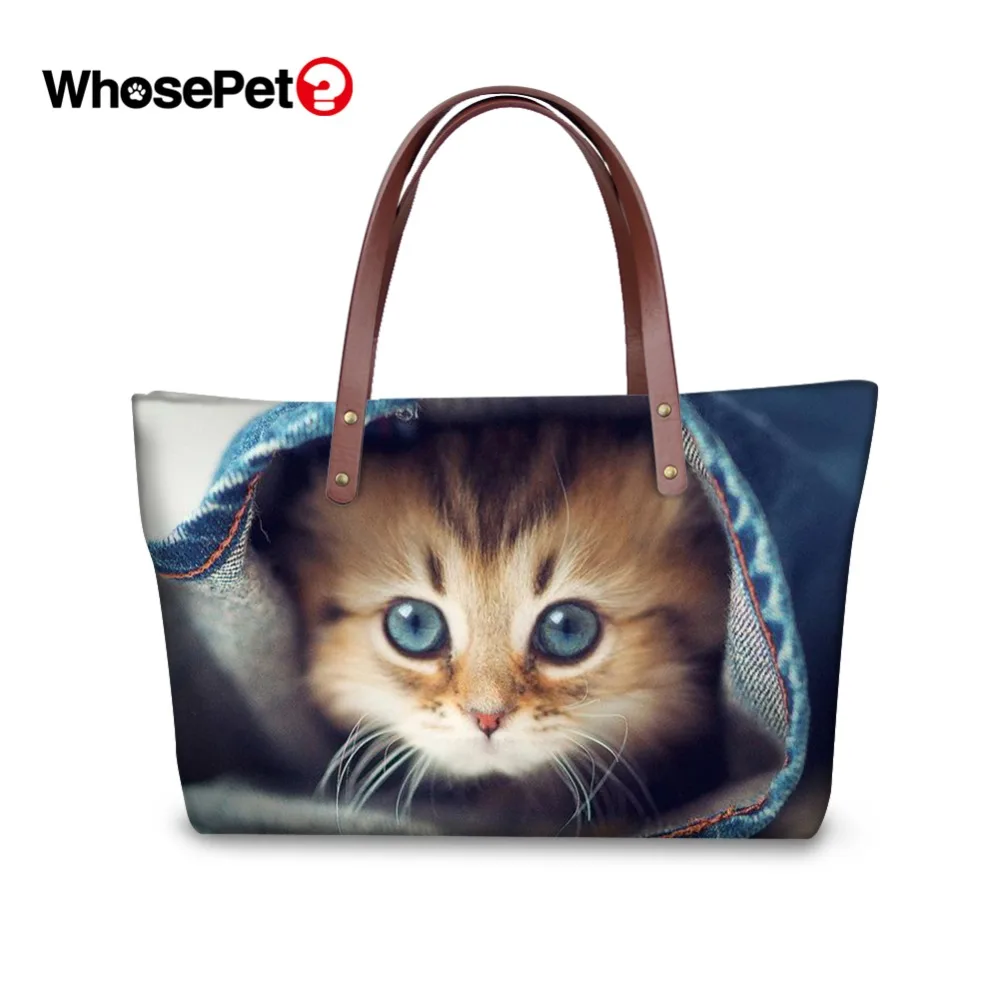 

WHOSEPET Women Handbags Cute Cat Print Top-handle Bag Large Capacity Clever Animal Casual Bags Tote Fashion Ladies Shoulder Bags