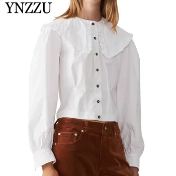 

YNZZU Casual Turn Down Collar Ruched White Blouse Women 2019 Spring Summer Cotton Single Breasted Loose Women Tops Blusa YT555