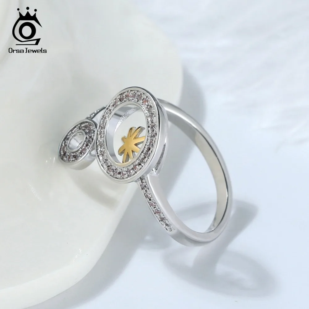 ORSA JEWELS Adjustable Rings For Women Open Cuff Snowflake With Hollowed Circle AAA Clear CZ Female Finger Ring Jewelry OR176
