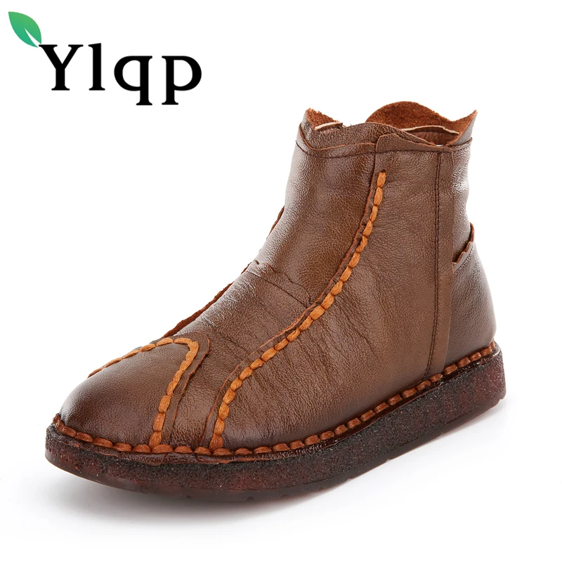 

Ylqp Brand 2018 Winter National Wind Retro Handmade Genuine Leather Boots Wild Flat Warm Soft Bottom Mother's Boots Cotton Shoes