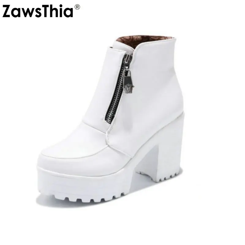 ZawsThia/ г., зимняя белая женская обувь на платформе и высоком массивном каблуке женские ботильоны на молнии спереди Прямая поставка размера плюс