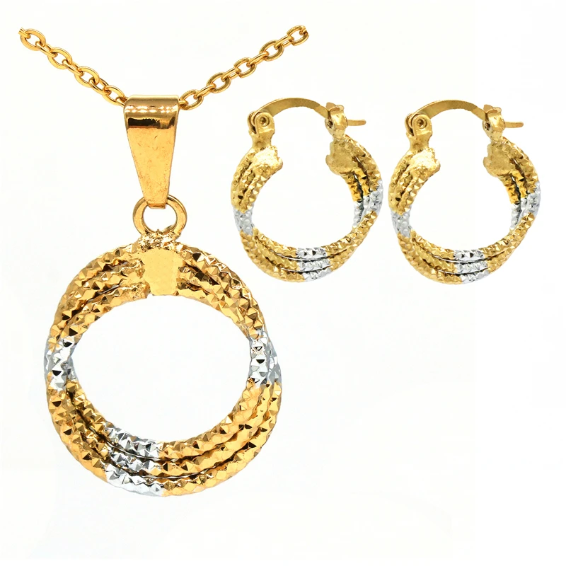 

Italy gold 750 Two Tone Necklace Set For Women Pendant Necklace Earrings Fashion Gold Color Party Jewelry Sets