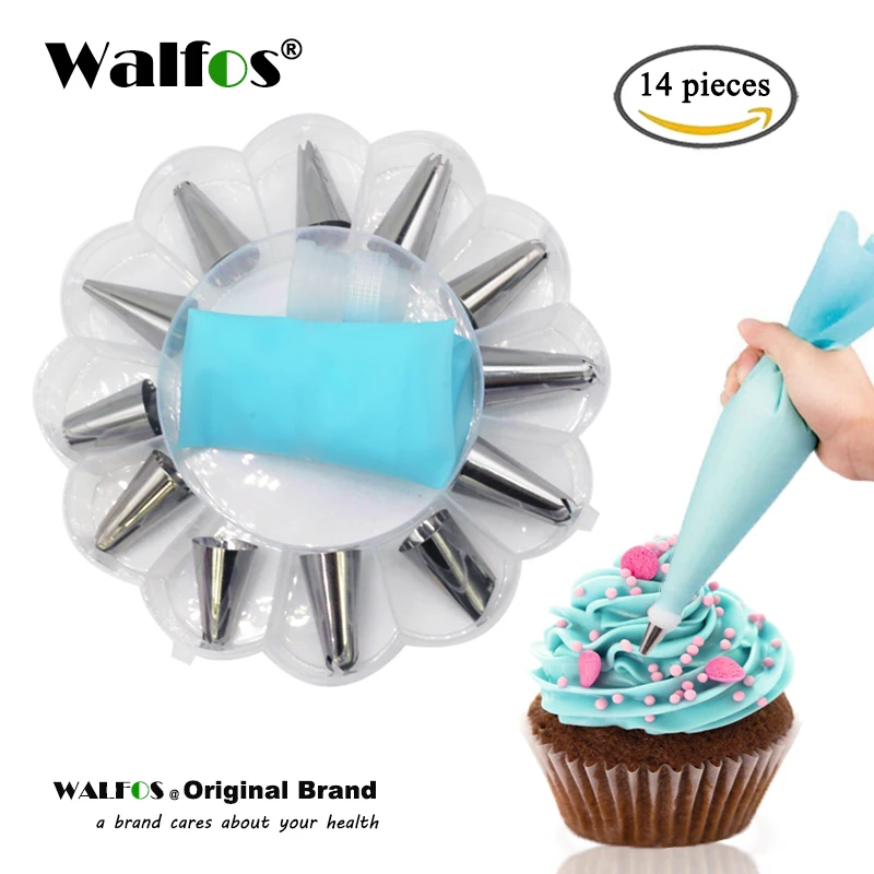 WALFOS 14Pcs/Set Russian Icing Piping Tips Silicone Icing Piping Cream Pastry Bag Stainless Steel Nozzle Set DIY Cake Decorating