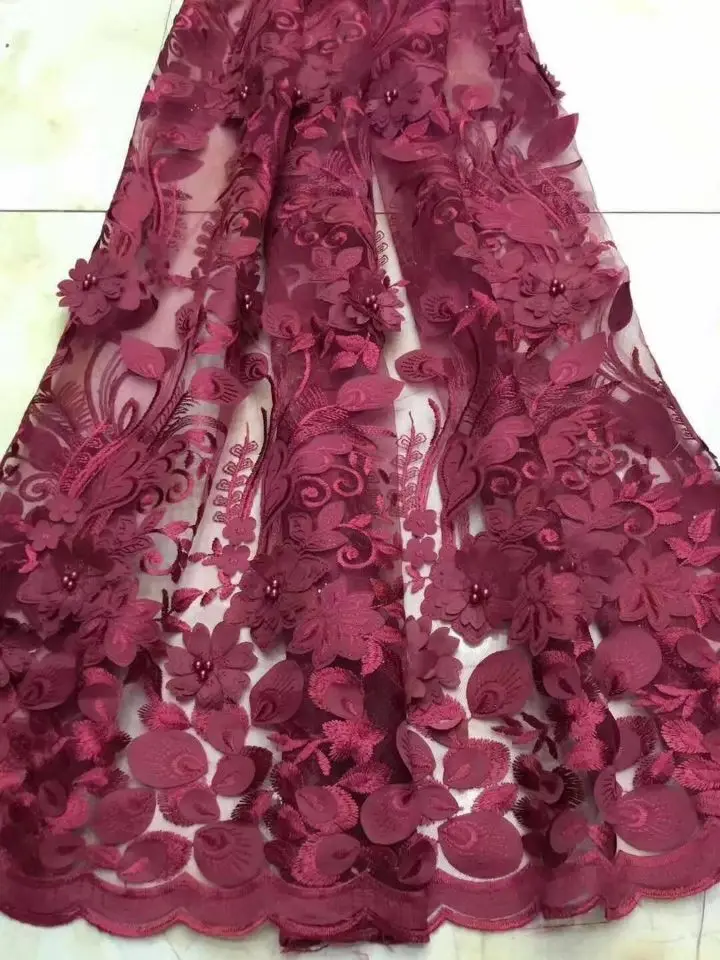 

High-quality latest Nigerian shoelace in 2018 WINE 3D mesh flower embroidery fabric, Nigerian lace fabric wedding