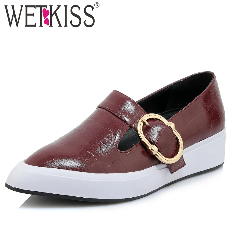 

WETKISS Emboss Genuine Leather Women Flats Pointed Toe Footwear Casual Female Shoes Platform Shoes Woman 2019 Spring New