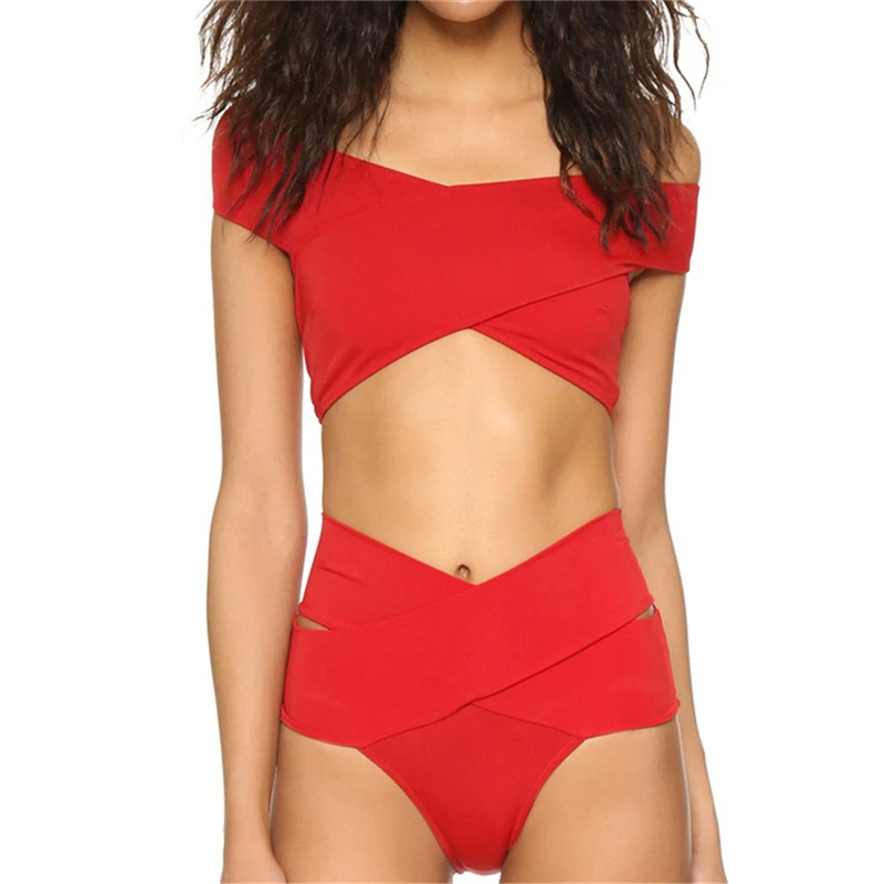 

Hot Women's Crossing Wide Strap Boat Neck Off Shoulder Tankini Set Two-piece Solid Swimming Bathing Suits Bikini Set Beachwear