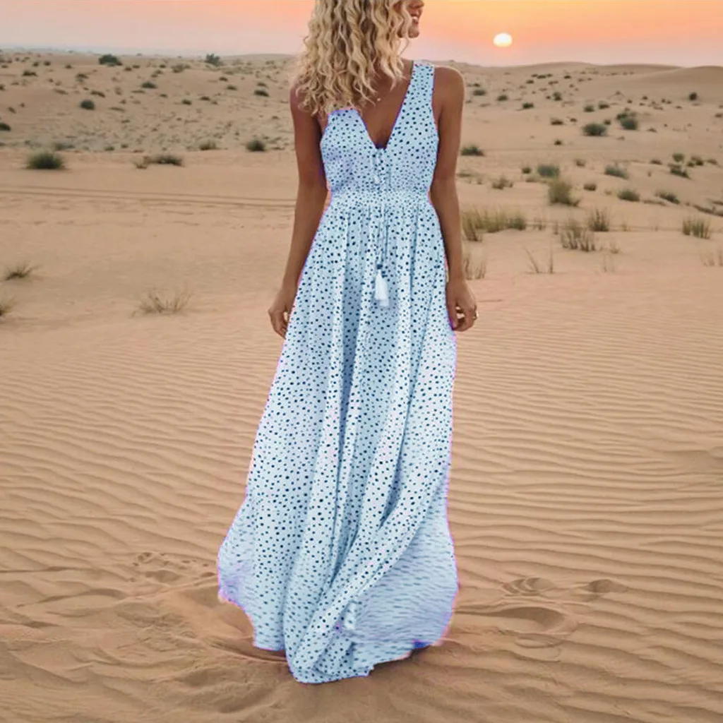 

2019 Dress Women Off Shoulder Strapless Plus Size Dress Summer Sleeveless Dot Print Tassels Deep V Neck Long Beach Maxi Dress Z4