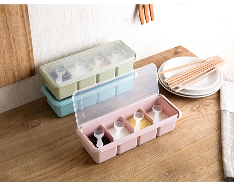 LIYIMENG Seasoning Jar Set Kitchen Four Grid Condiment Box Cruet Salt Pepper Shakers Seasoning Box Condiment Bottle B2