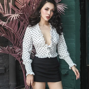 

2018 Summer Very Sexy Low Cut Vintage Blouse Dot Polka Type Ruffles Stretch Lantern Sleeve Adjustable Waist Thin Breathable