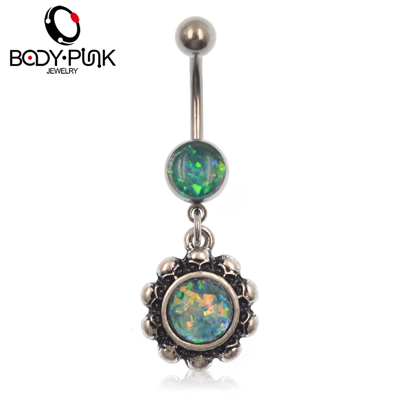 

BODY PUNK Classic Green Opal Stainless Steel Flower Dangle Belly Button Ring Sexy Fashion Women Body JewelryPiercingOmbligo