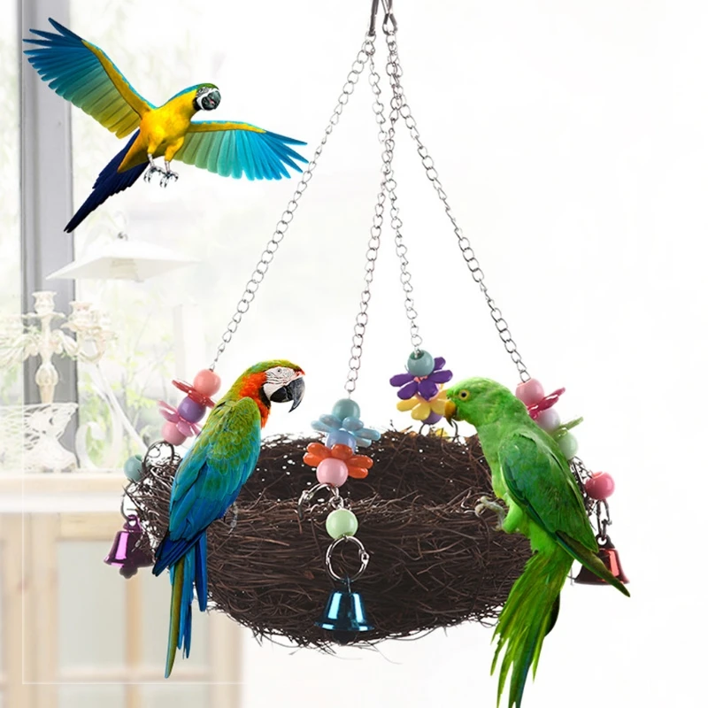375 29 De Réductionrotin Naturel Oiseau Balançoire Nid Jouet Avec Cloches Cage Marron Perche Stand Pour Perroquet Mâcher Jouet Perruche Perruche