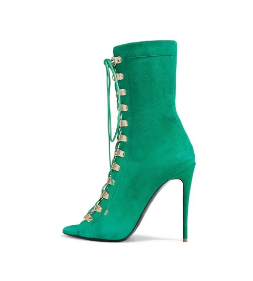 Newest Style Women Solid Color Flock Leather Peep Toe Ankle Booties Autumn Lace Up Crossed Tied High Thin Heel Boots