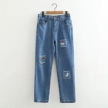 Женские джинсы с милым мультипликационным принтом, женские прямые брюки Harajuku, женские длинные синие джинсы,, высокое качество