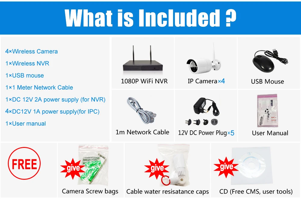 Беспроводная система видеонаблюдения 4CH Kit Plug& Play P2P HD 960P 20m Водонепроницаемая камера ночного видения DVR Wi-Fi CCTV Kit