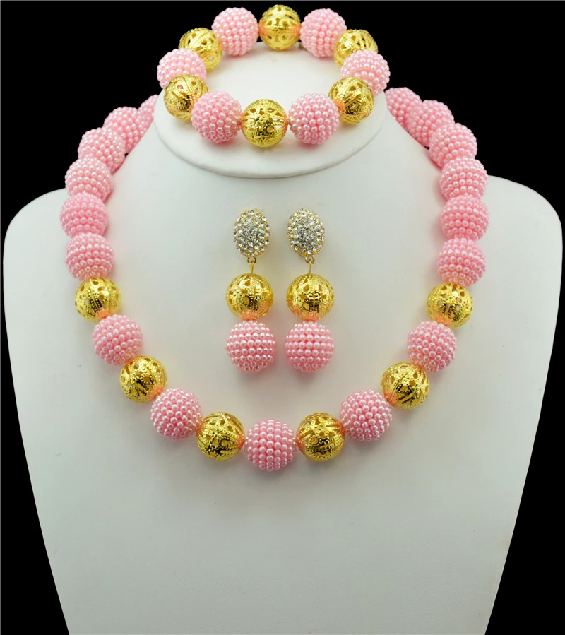 

2016 Fashion Trendy Nigeria Wedding african ball beads jewelry set Pink Bridal jewelry sets Free shipping