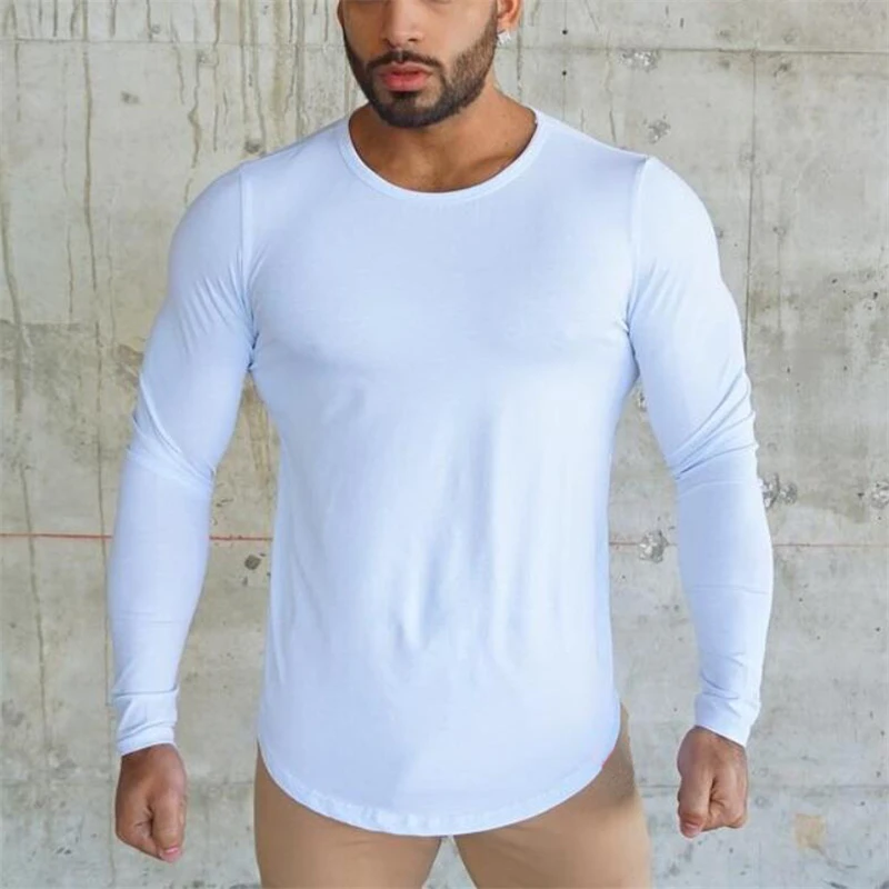 Брендовая Новинка, облегающая футболка для тренажерного зала, Мужская футболка для фитнеса, homme Silm Fit, футболка с длинным рукавом, Мужская облегающая футболка на осень - Цвет: Белый