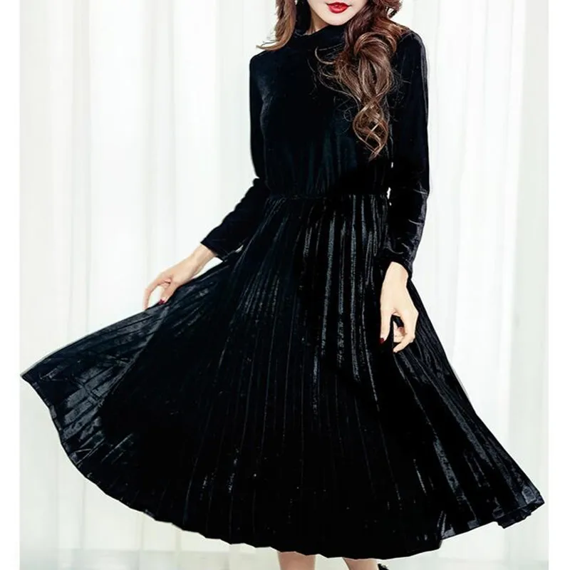 Плиссированное велюровое платье с высоким воротником г., европейский стиль, а-силуэт, вельветовые платья с высокой талией, велюровые платья Элегантное велюровое платье с длинными рукавами - Цвет: Черный