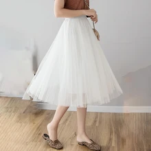Три-многослойная Тюлевая юбка, летняя сетчатая юбка в складку для женщин; Большие размеры длиной макси юбки для женщин с эластичной резинкой на талии в Корейском стиле длинная юбка длиной до щиколотки