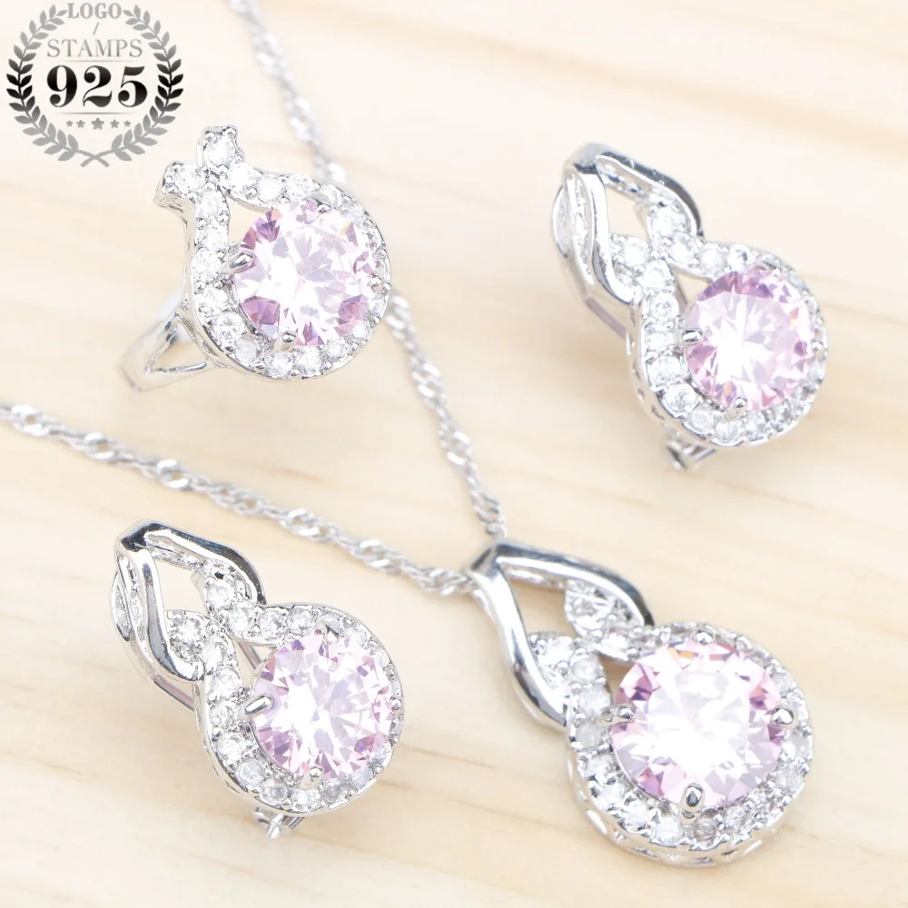 Silver 925 Pink Zircon Stones Custome Jewelry Sets For Women Valentines