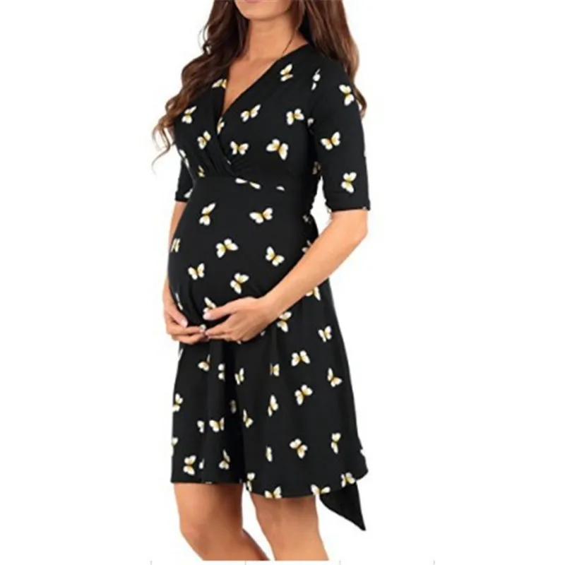 Summer Maternity Pregnancy Dress Clothes For Pregnant Women Flower Print Maternity Dresses Casual Short Sleeve Pregnant Dresses (2)
