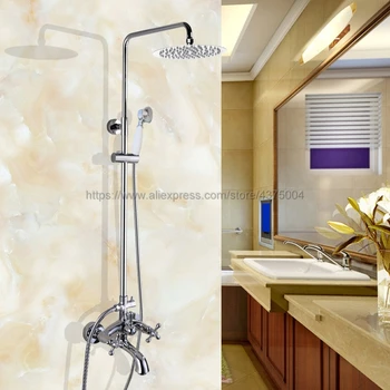 

Polished Chrome Wall Mount 8" Rain Shower Faucet Set Dual Handles Swivel Tub Spout Bath Shower Mixers + Handshower Ncy353