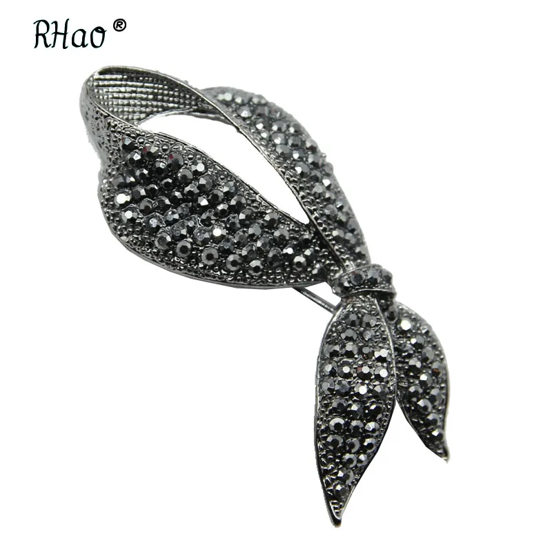 

RHao Simple Black Rhinestone Bow Brooches Retro Black Crystal Ribbon Bowknot brooches for Women clothes hat jewelry pins corsage