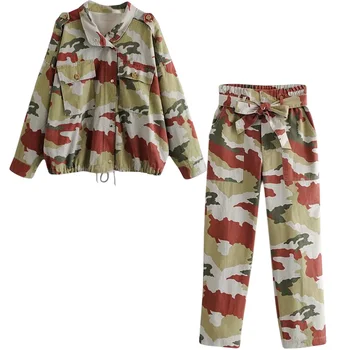

Set women's jacket casual trousers two-piece loose fashion camouflage tooling jacket 2019 autumn and winter new thick section