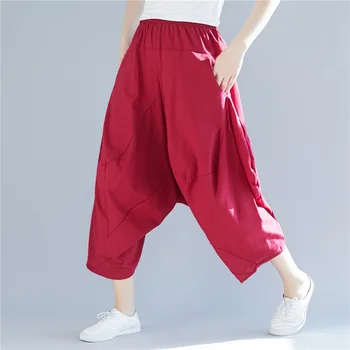 Johnature 2019 New Calf-length Pants Casual Loose High Elastic Waist Solid Cross-pants Flat Trousers Pocket Fashion Women Pants