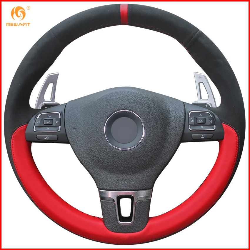 MEWANT Red Leather Black Suede Car Steering Wheel Cover for Volkswagen