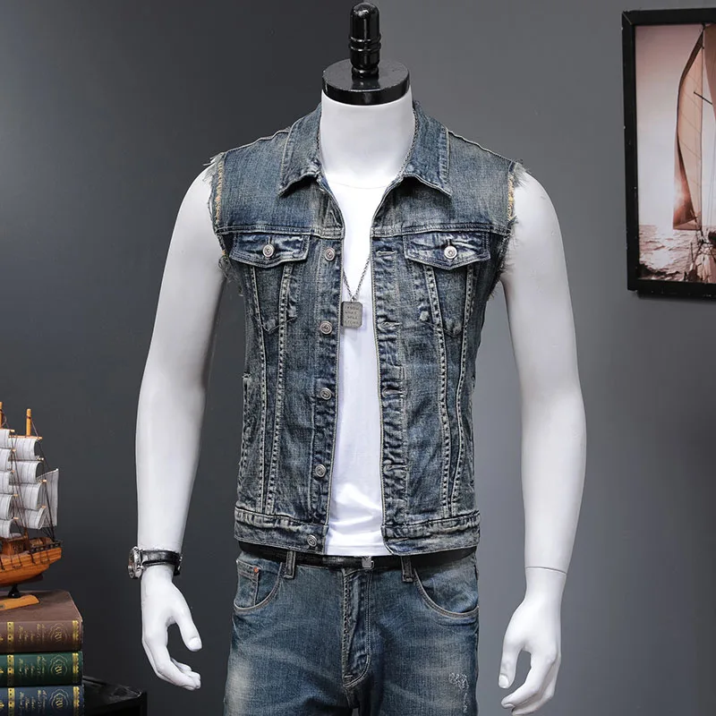 

Jeans Mens Denim Vest Sleeveless Jactet Cowboy Waistcoat Punk Rock Vests Hip Hop Outwear Vintage Casual Embroidery Streetwear
