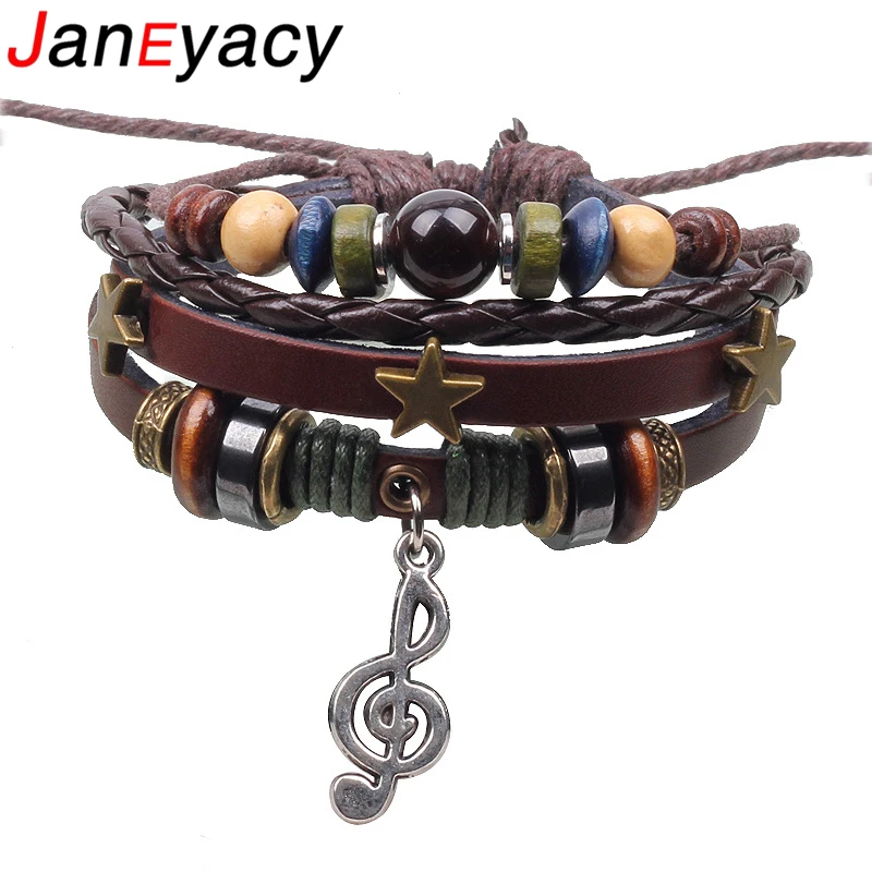 

Janeyacy 2018 Popular Music Symbol Leather Bracelet Men Pulseira Masculina Simple Eye Style Multi-layer Bracelet Women Pulseras