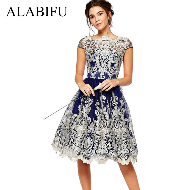 New Cheap cSCx7 ALABIFU Women Summer Dress 2019 Plus Size Casual Sexy Hollow Out Lace Dress Ball Gown Elegant Party Dress vestidos