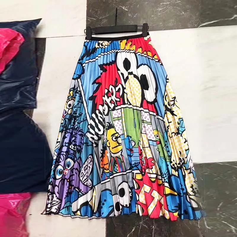 

Cartoon Skirt Marwin 2019 Summer Women High Elasticity High Street Pattern Female Pleated Skirt Casual Loose A-line Midi Skirts