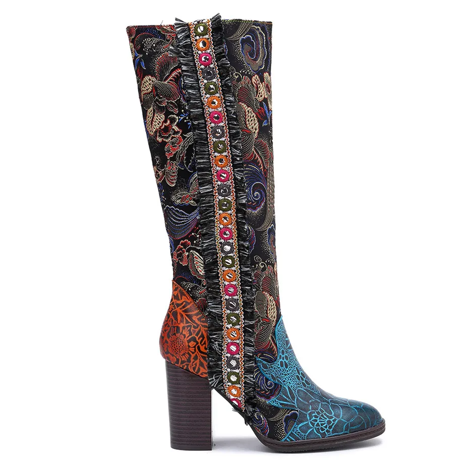 Retro Bohemian Knee High Boots Women Shoes Genuine Leather Cowgirl Women Boots Autumn Winter Vintage Zip Block Colors High Heels (15)