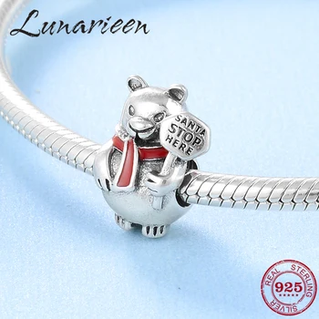 

925 Sterling Silver Cute red scarf teddy bear DIY Enamel beads Fit Original Pandora Bracelet Jewelry making Girlfriend gift