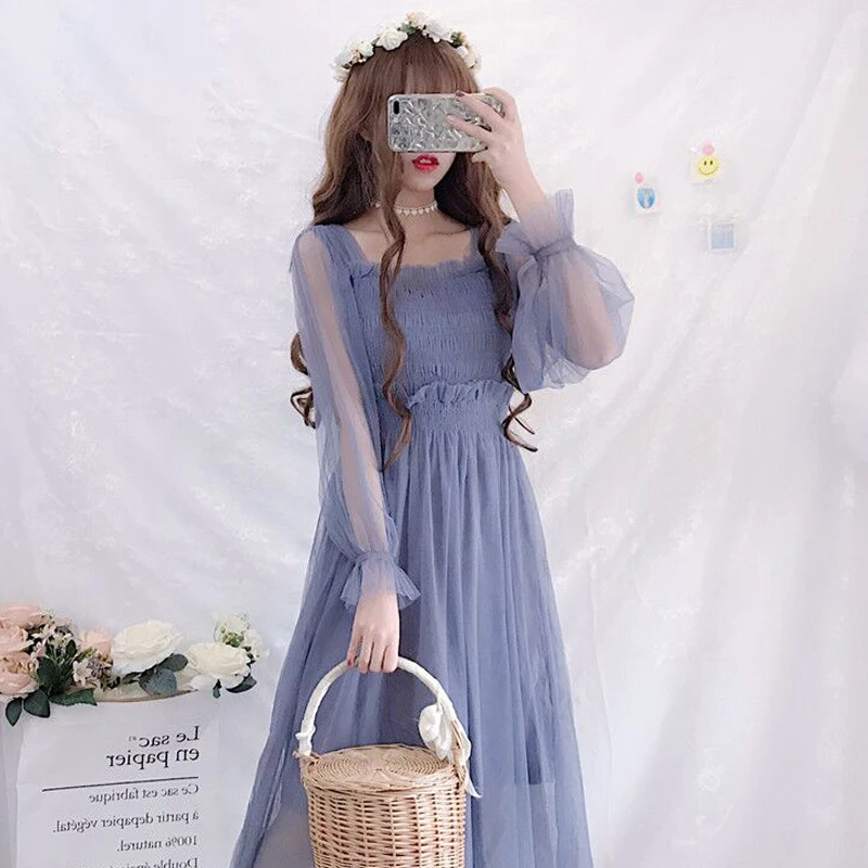 

Sweet Women's 2 Pcs Set: Solid Yarn Mid-Calf Dress + Suspender Dress Elegant Fit Dress 2019 Women Fashion One Piece Fairy Kei