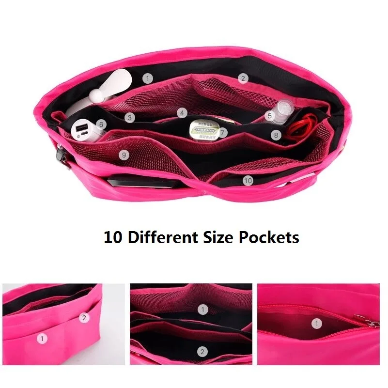 Розовая сумка-Органайзер с 10 карманами разного размера, двухслойная брендовая косметичка, сумка с двойным отделением на молнии