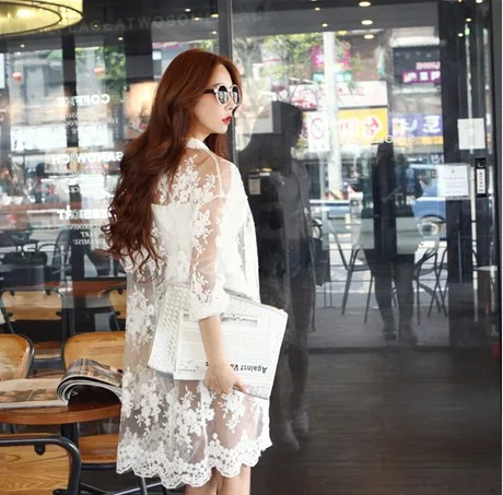 2018 Cardigan Gasa Impresa Boho Beachwear White Más Floja Casual Tops Mujeres Playa Verano Camisa Blanco Blusa Encaje Tamaño Sexy Kimono v7qw0rnv