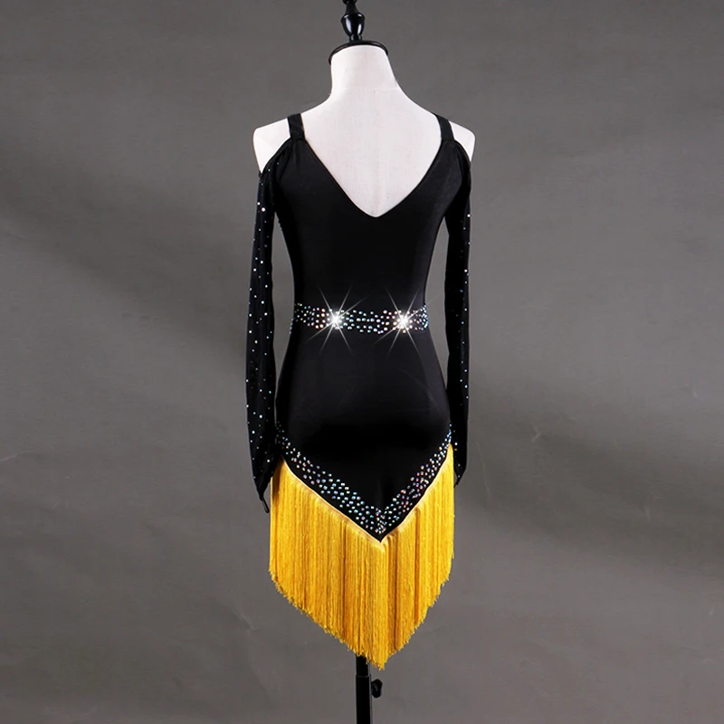CACARE платье для латинских танцев для женщин сальса танцевальные костюмы для самбы платье с воланами 5 вариантов D0336 длинный сетчатый рукав кисточкой подол Стразы
