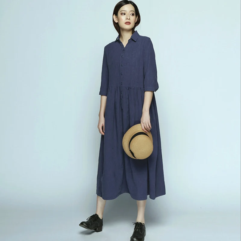SCUWLINEN, весеннее летнее женское платье, повседневное, солидное, половина рукава, ТРАПЕЦИЕВИДНОЕ, длинное, OL, корейский стиль, платья из ткани рами, Vestidos P092 - Цвет: Navy Blue