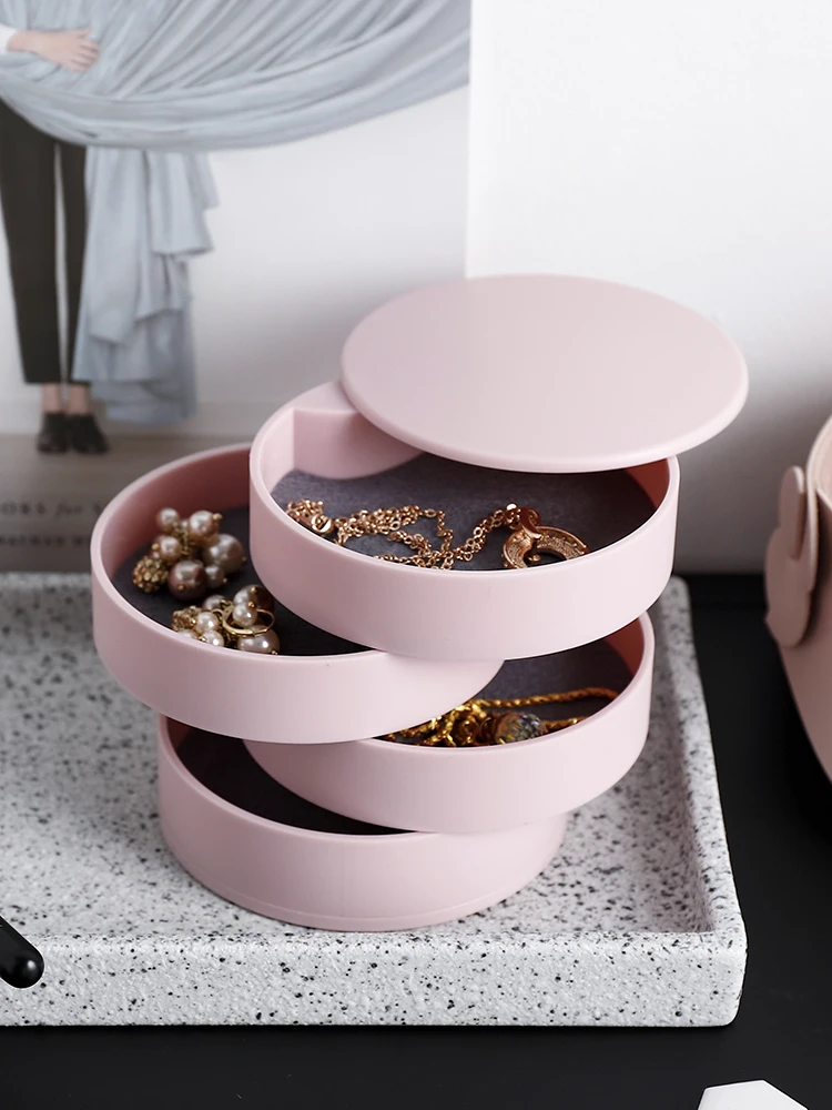 

Multi-layer rotation Simple Girl Earrings Plate Jewelry Box Protable Leather Earrings Ring Multi-function Jewelry Storage Box