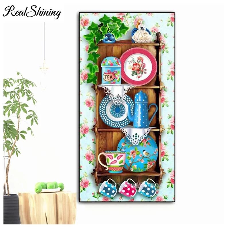 

5d diamond painting Bookshelf Still life cup plate DIY Diamond Embroidery resin round square drill Mosaic Kitchen Decor FS5848