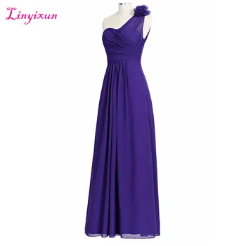 

Linyixun Real Photo Cheap Prom Dresses 2017 One Shoulder Pleat Chiffon Long Evening Gowns With Flowers Graduation Dress for Prom