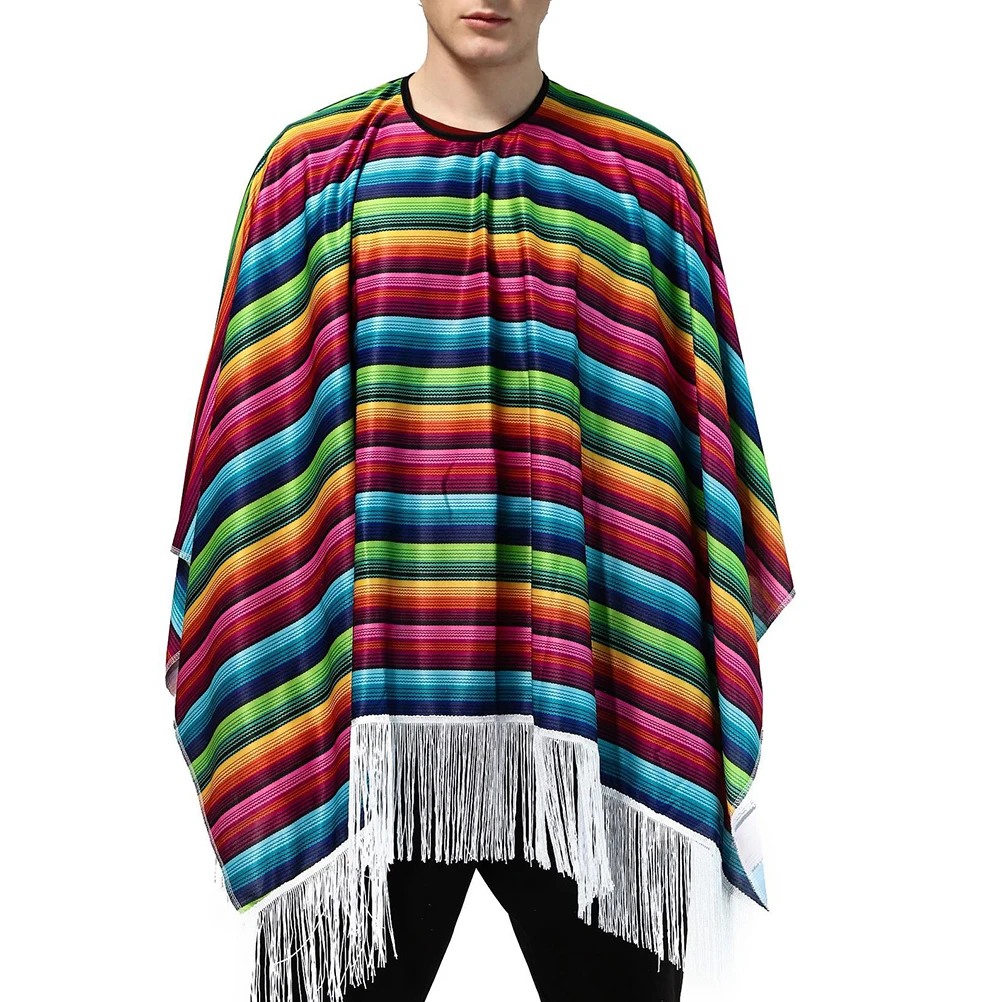 

Mens Overized Batwing Colorful Striped Mexican Cloak Mexico Costume Party Costume for Party Halloween Carnival Cosplay