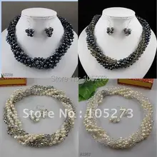 Очаровательная! черный белый цвет Подлинная пресноводные перлы& Синий коричневый красный кристалл ожерелье серьги 4 компл./лот A2315