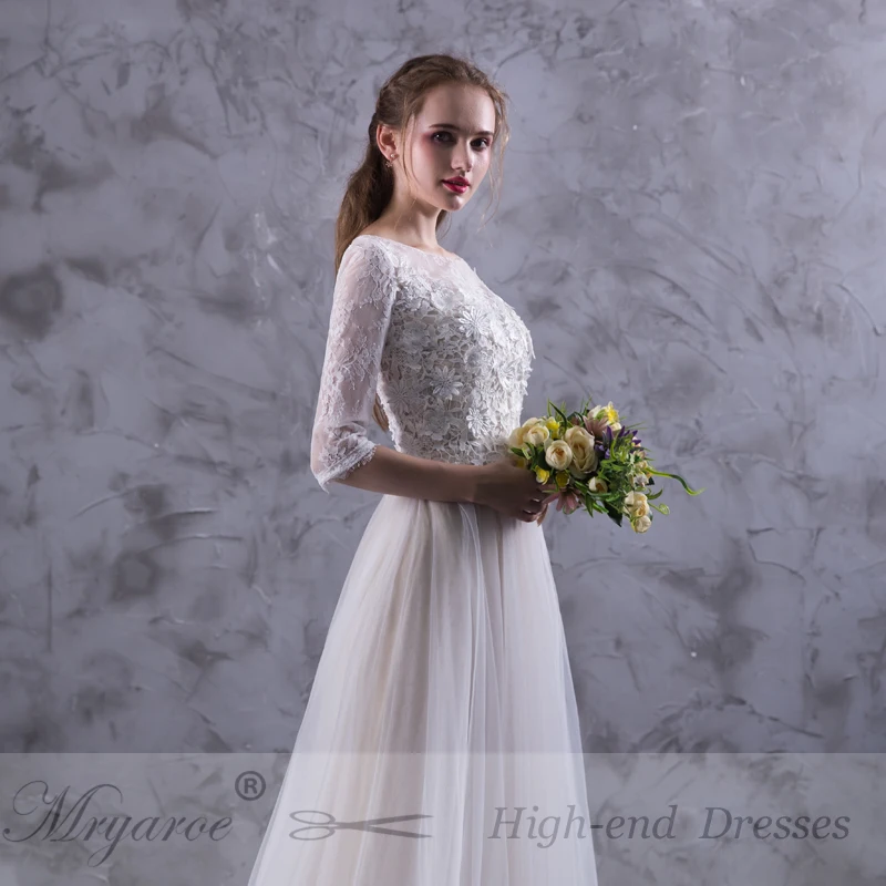 Mryarce 3/4 свадебное платье в стиле бохо с кружевными рукавами, Тюлевое платье трапециевидной формы с аппликацией на пуговицах сзади, свадебные платья robe de mariage