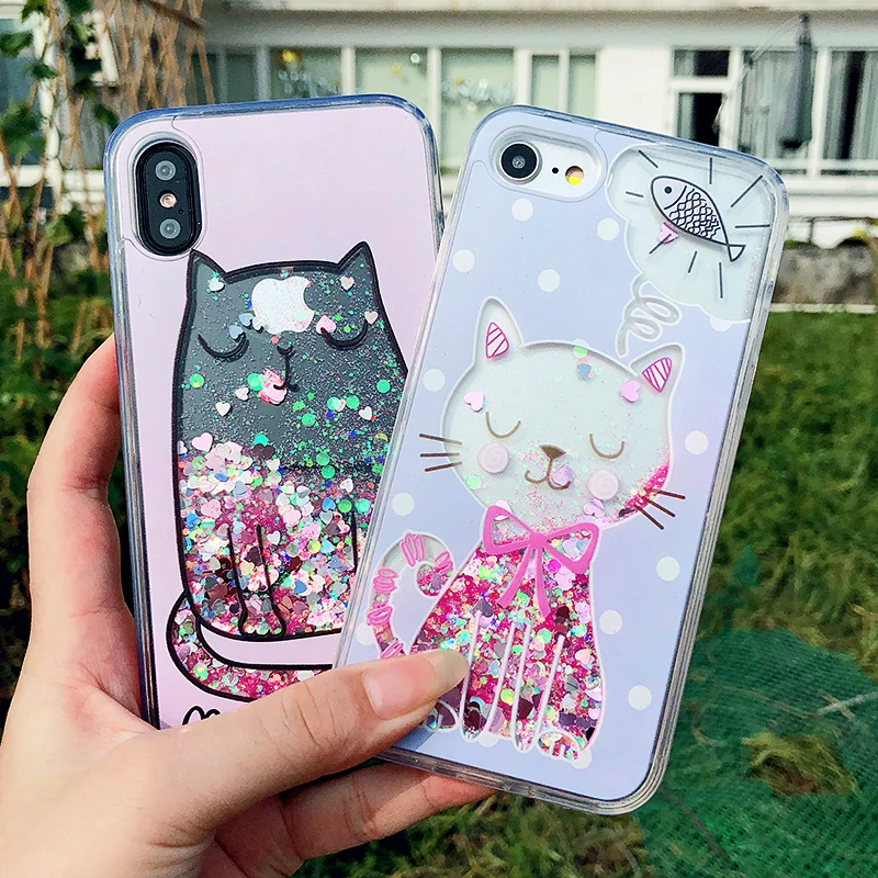 3D Cartoon Cat Fish Flower Perfume Bottle Quicksand Dynamic Liquid Glitter Case For iPhone 6 s Case For iPhone X 6 7 8 Plus Case (7)
