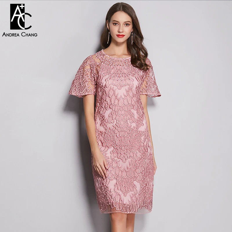 

PLUS SIZE woman dress L-5XL high quality summer spring dress knee length vintage feather pattern embroidery designer pink dress
