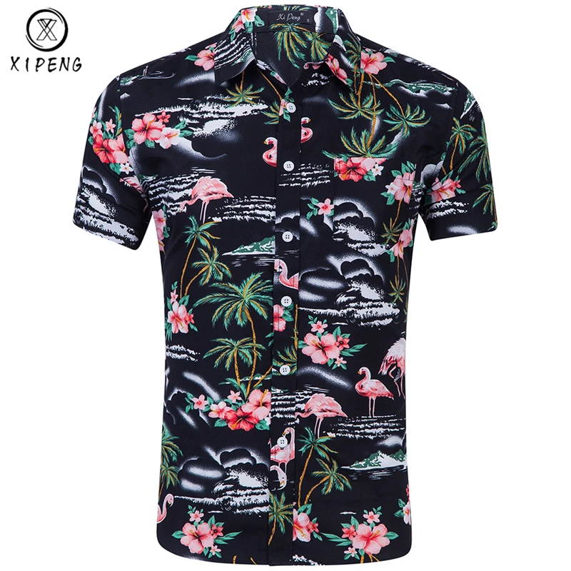 

Flamingo Print Hawaiian Shirt Men 2019 Summer Brand Short Sleeve Mens Beach Shirts Chemise Homme Casual Slim Mens Dress Shirt